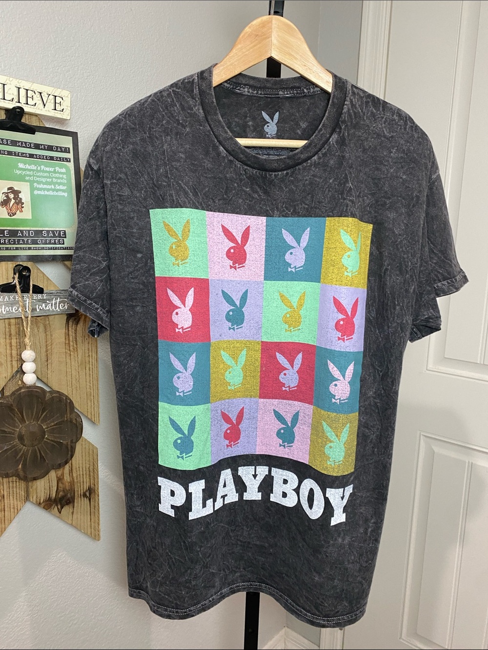 PLAYBOY Multicolor Grid Bunny Graphic Tee - Black Mineral Wash
